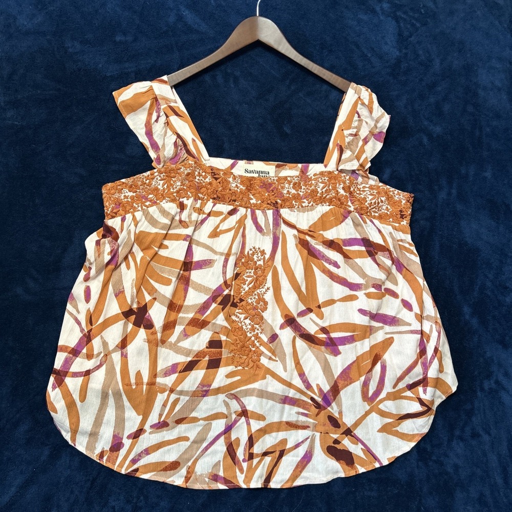 Savanna Jane Womens Gauze Top Size 1X Embroidered Print Square Neck Boho Hippie